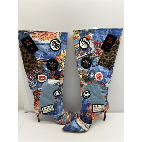 Azalea Wang Knee Hi Boots Patchwork Western Denim Style Slip On Size 7.5 NEW - Picture 1 of 14